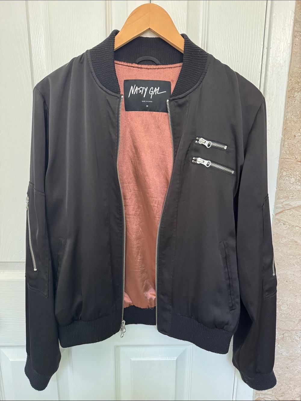 Nasty Gal Black Bomber Jacket with Pink Lining